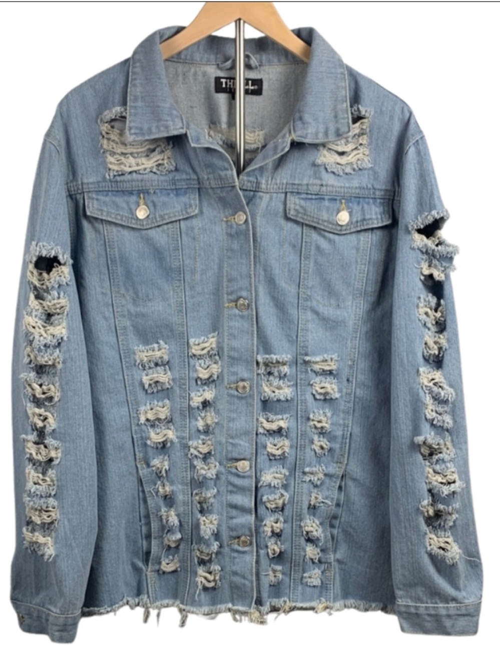 Distressed Blue Denim Jacket Thrill Jeans Edgy Women’s Size 1X Grunge Y2K